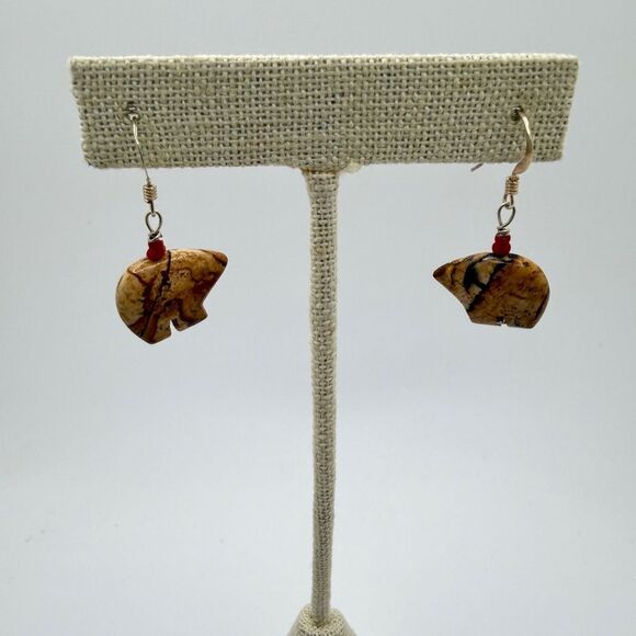 Unique Picture Jasper carved "bear" dangle earrings with sterling silver hooks! - Picture 7 of 15